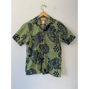 RJC Mens Size S Green & Blue Hawaiian Shirt Geometric Floral Print Made in USA